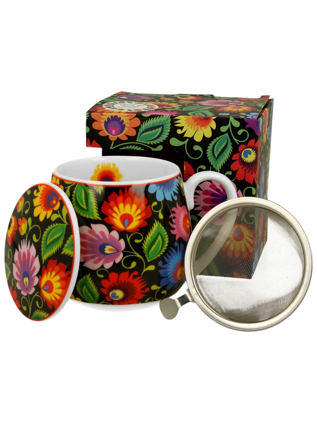Polish Folk Art Porcelain Barrel Mug with Tea Infuser & Lid, 430ml - Lowicz Black