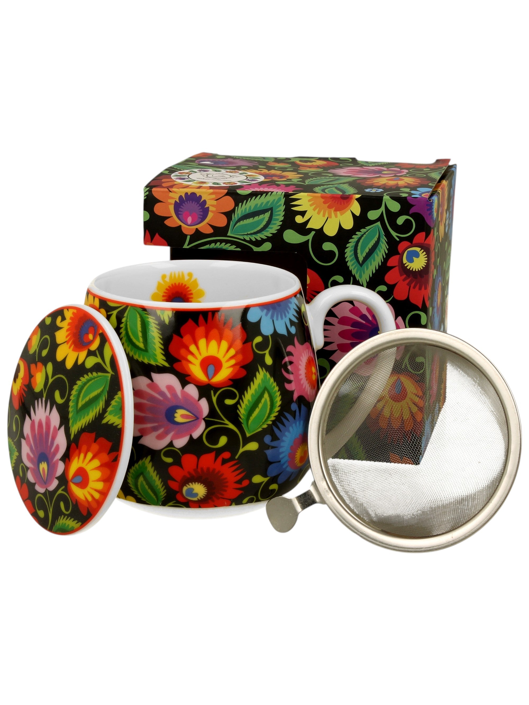 Polish Folk Art Porcelain Barrel Mug with Tea Infuser & Lid, 430ml - Lowicz Black
