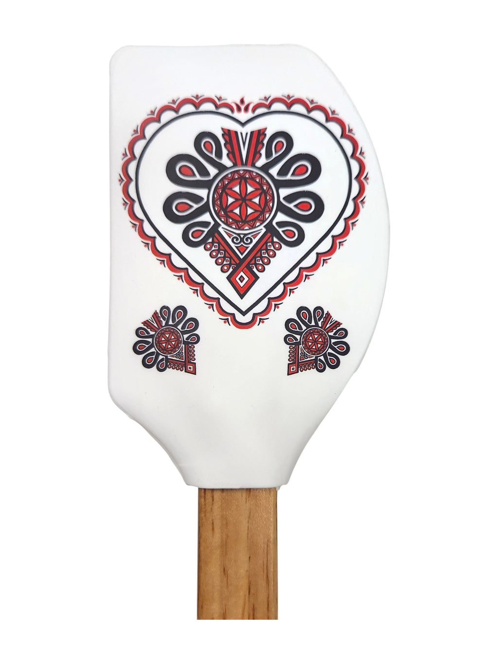 Polish Folk Art Highlander Non-Scratch Spatula with Wooden Handle, Parzenica White