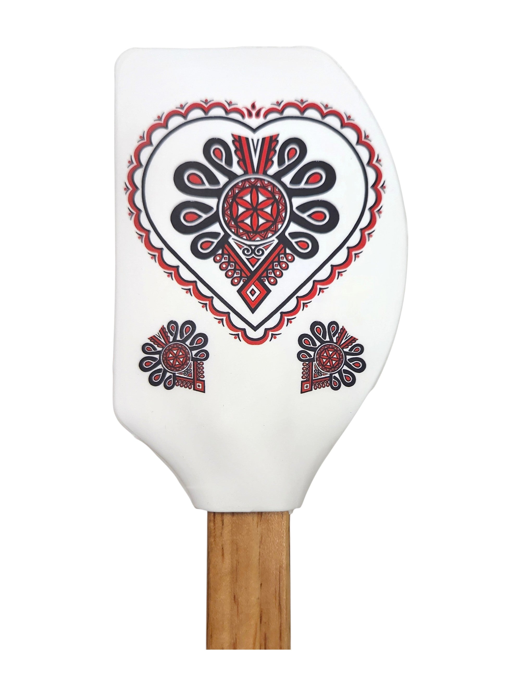 Polish Folk Art Highlander Non-Scratch Spatula with Wooden Handle, Parzenica White