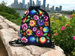 Polish Folk Art Floral Drawstring Sport Backpack, Lowicz Black
