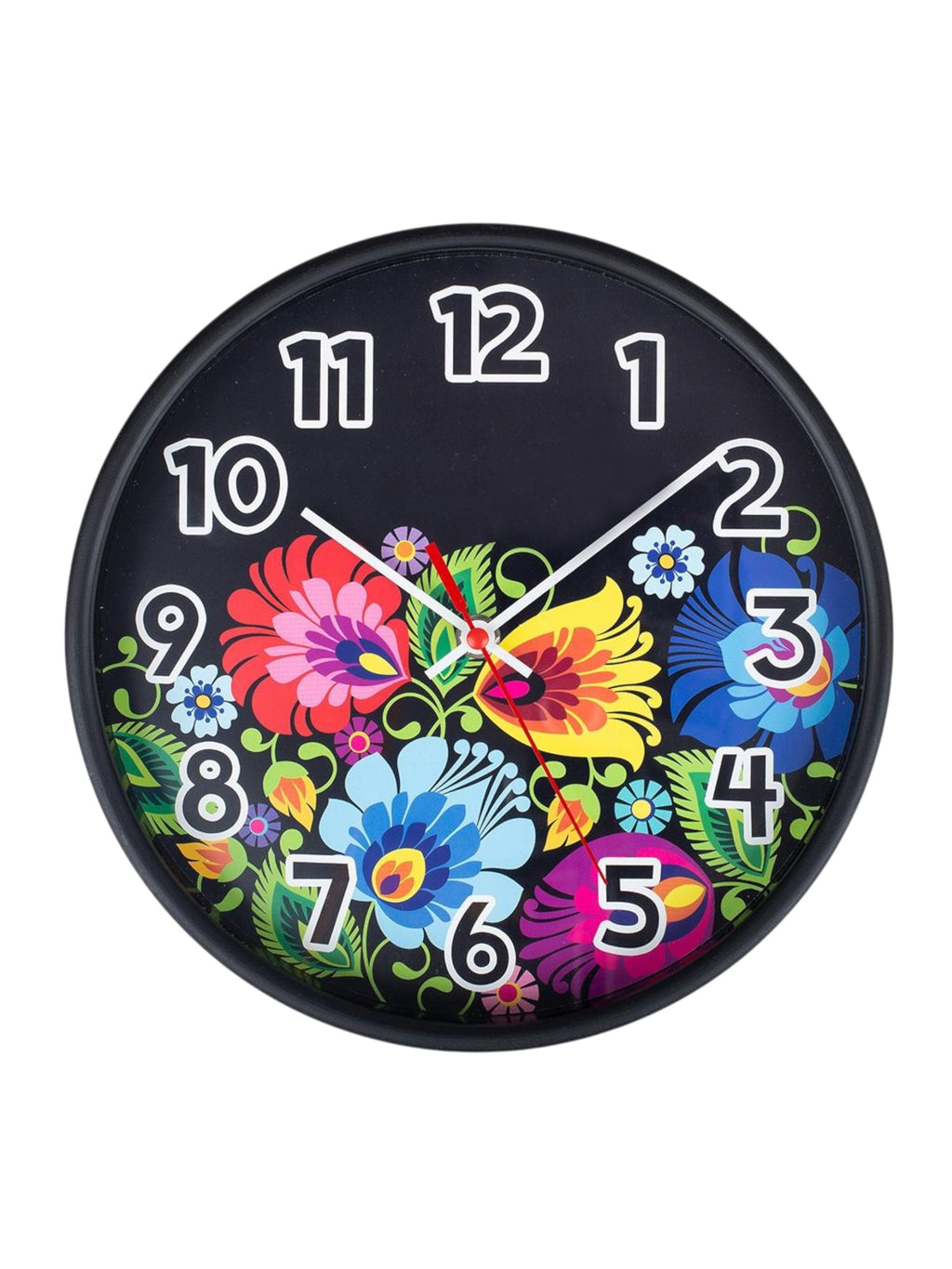 Polish Folk Art Wall Clock - Floral Black