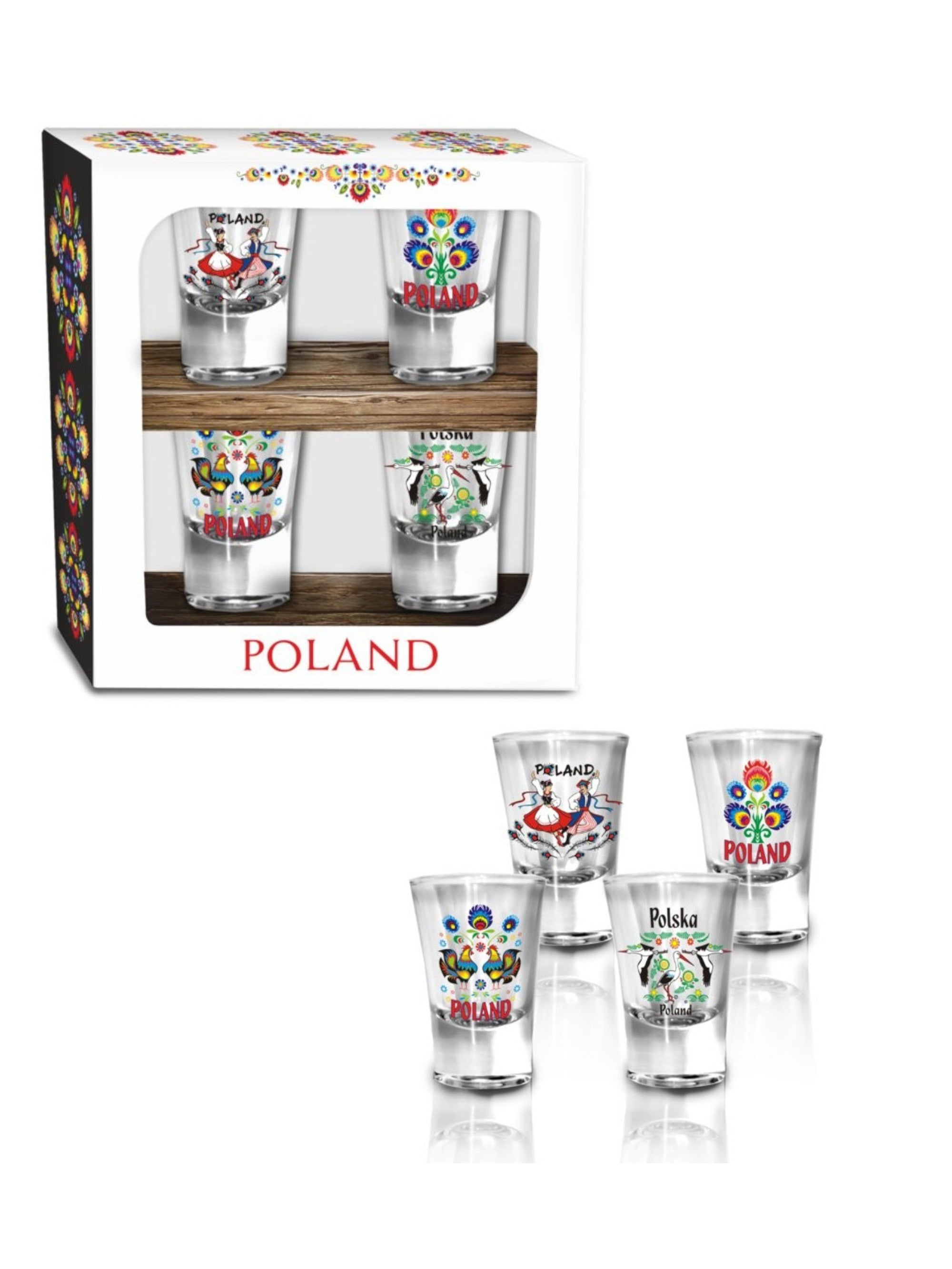 Polska Poland Lowicz Folk Art Shot Glasses, Set of 4