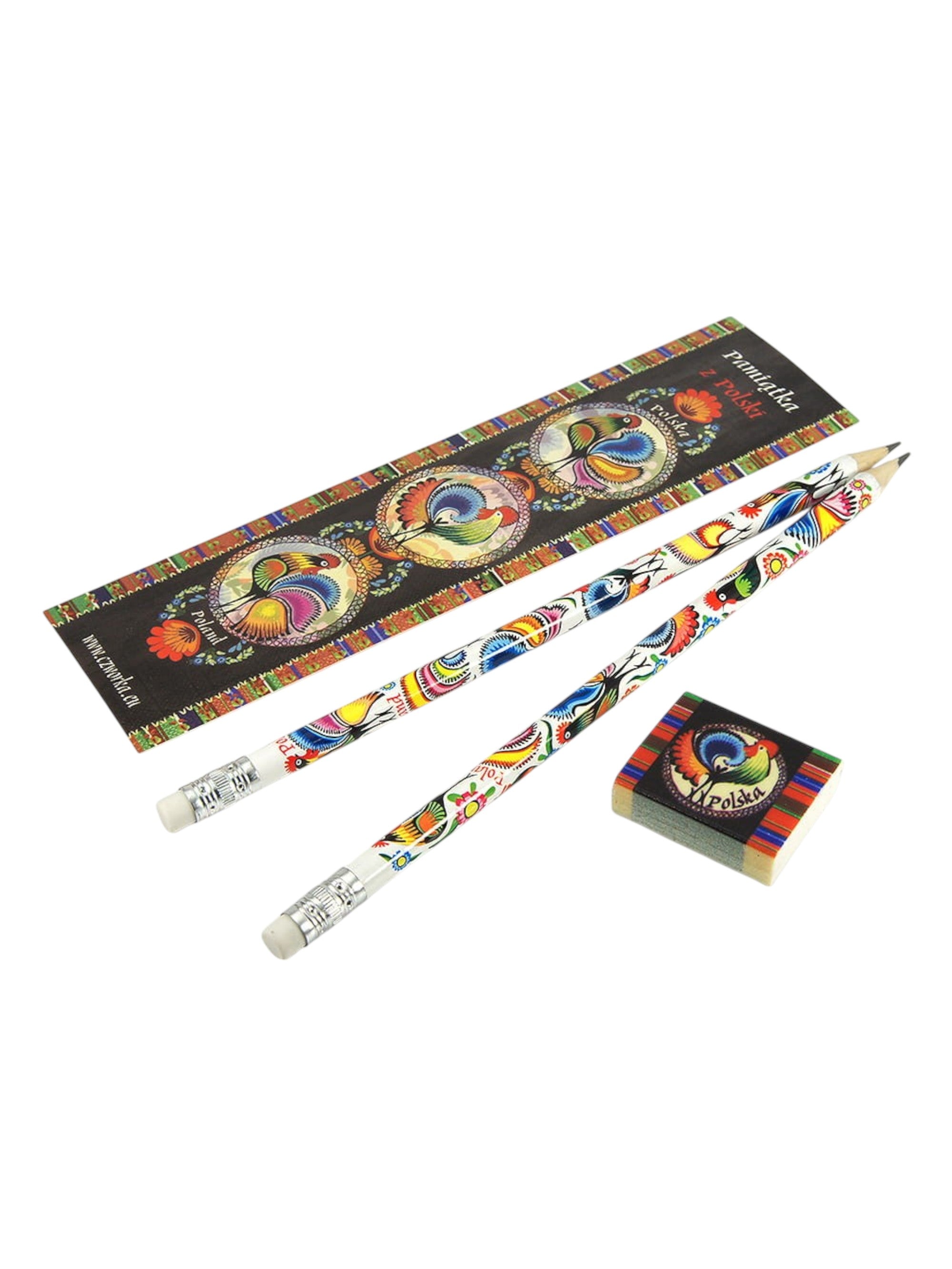 Polish Folk Art Bookmark, Eraser & 2 Pencils Set (Roosters)
