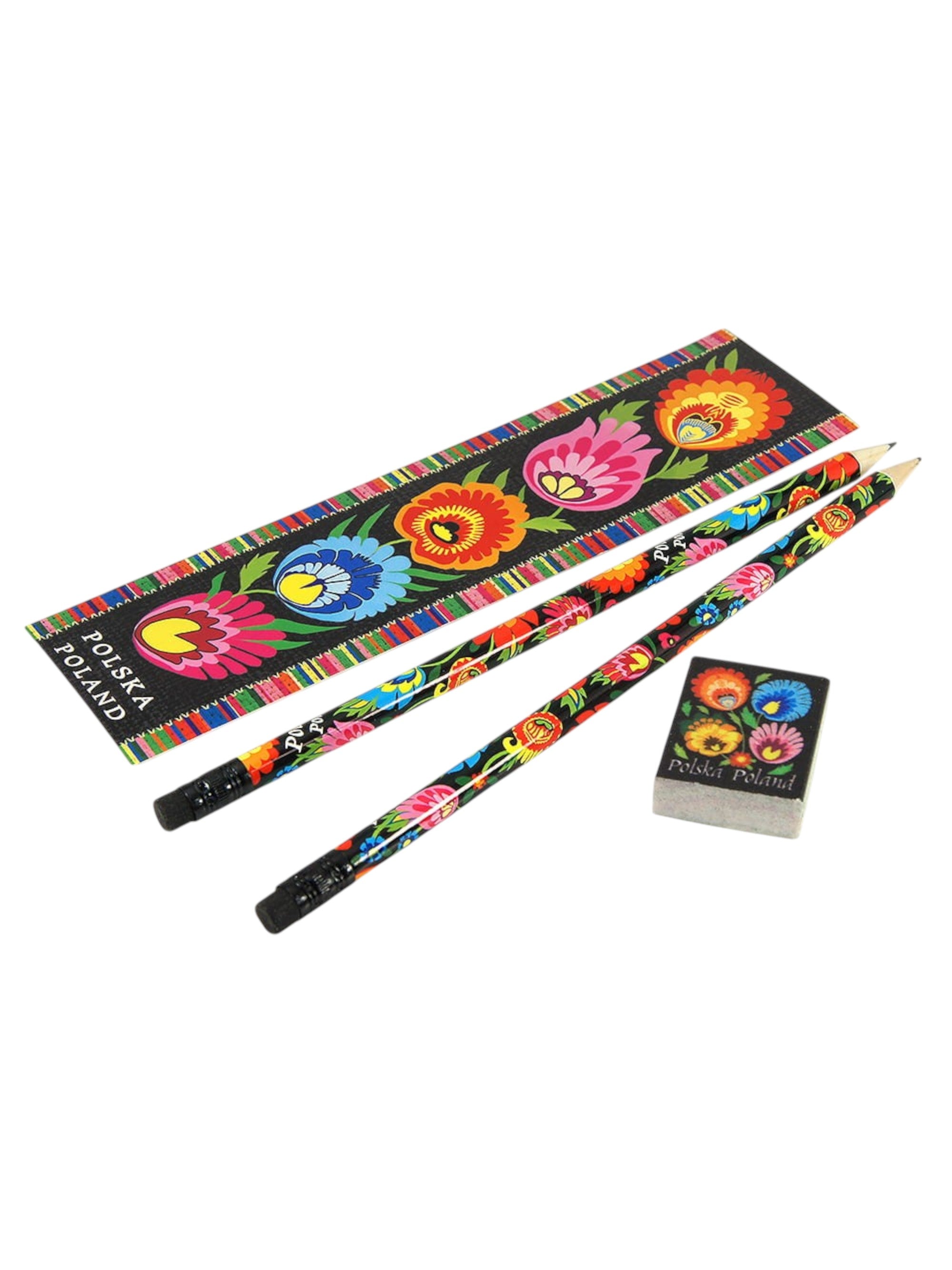 Polish Folk Art Bookmark, Eraser & 2 Pencils Set (Flowers)