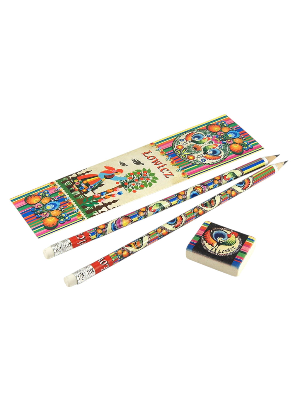 Polish Folk Art Bookmark, Eraser & 2 Pencils Set (Lowicz)