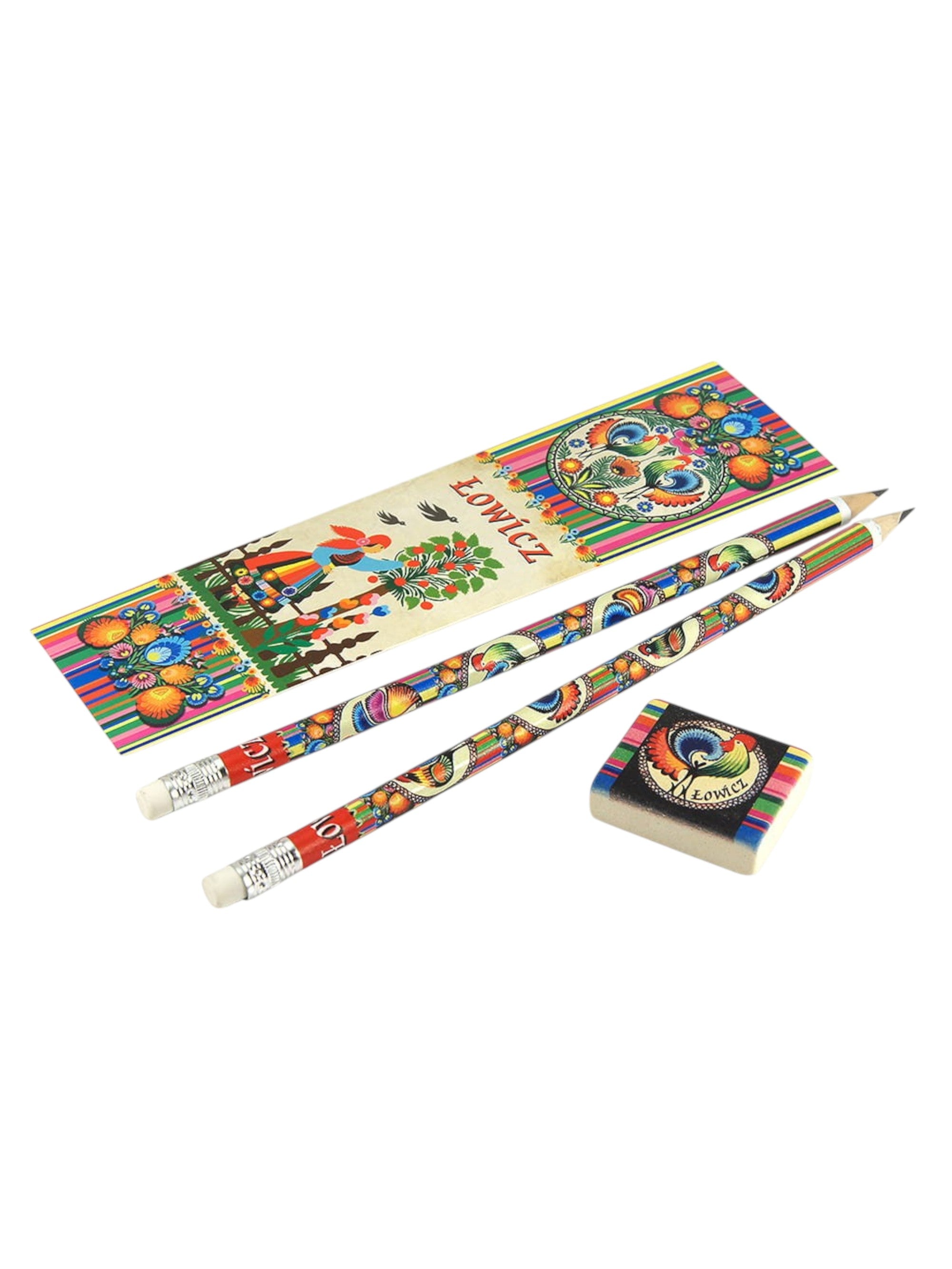 Polish Folk Art Bookmark, Eraser & 2 Pencils Set (Lowicz)