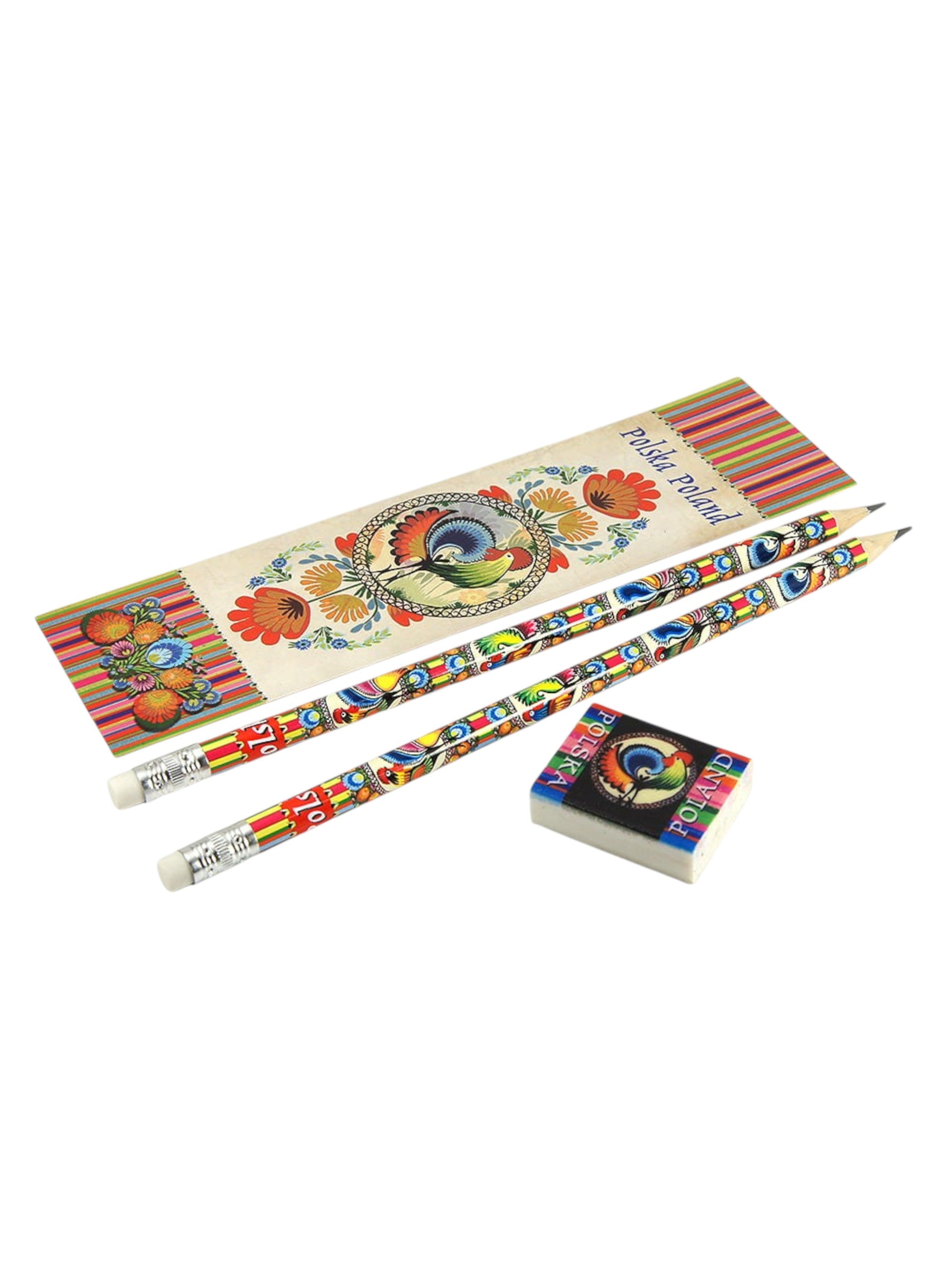 Polish Folk Art Bookmark, Eraser & 2 Pencils Set (Rooster)