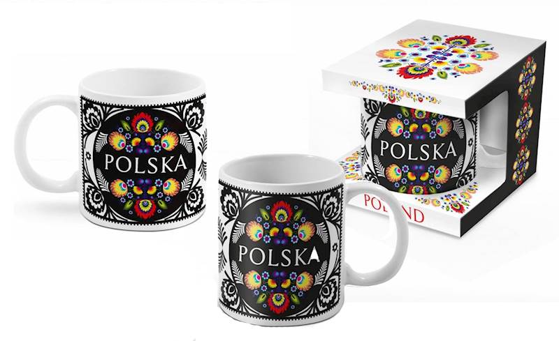 Polish Folk Art Ceramic Mug - POLSKA Black Folk