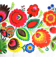 Polish Folk Art Lowicz Rooster on Flowers Napkins, Set of 20
