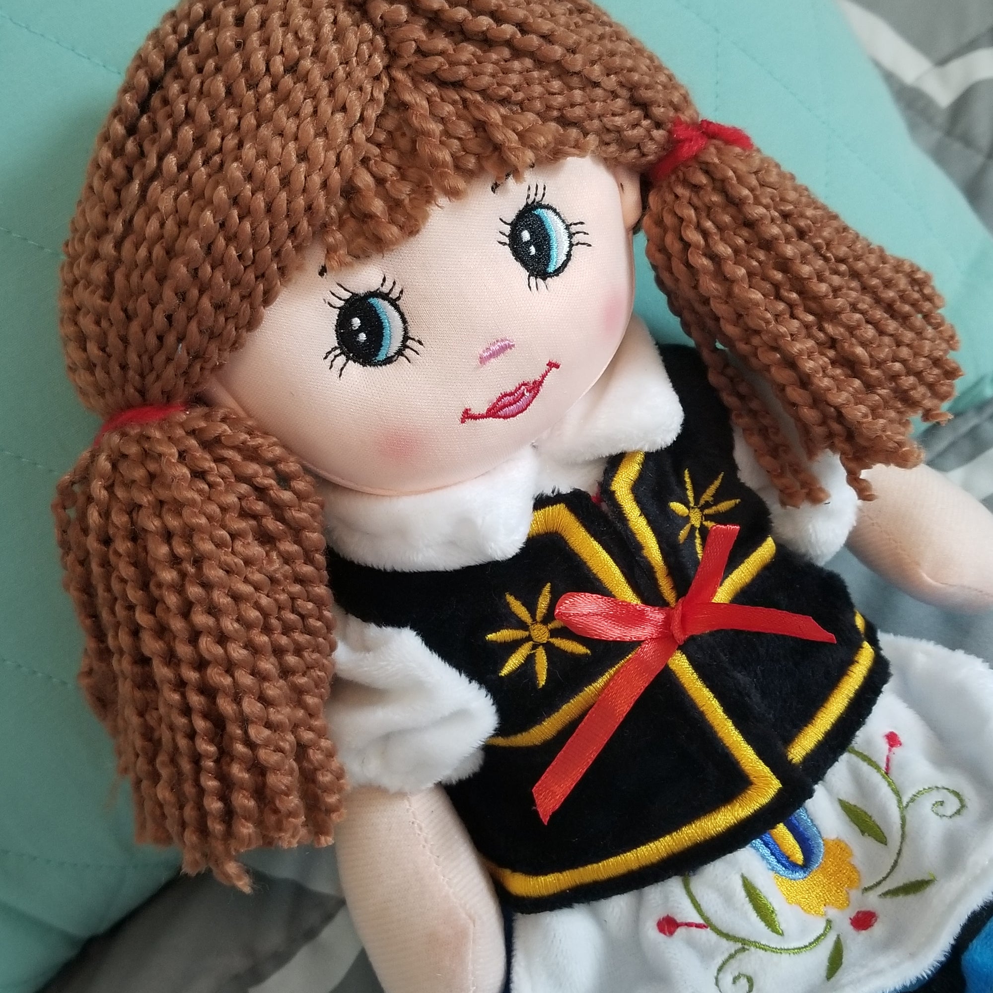 Large 16" Soft Plush Polish Folk Doll in Kashubian Costume, Brunette in Blue Skirt