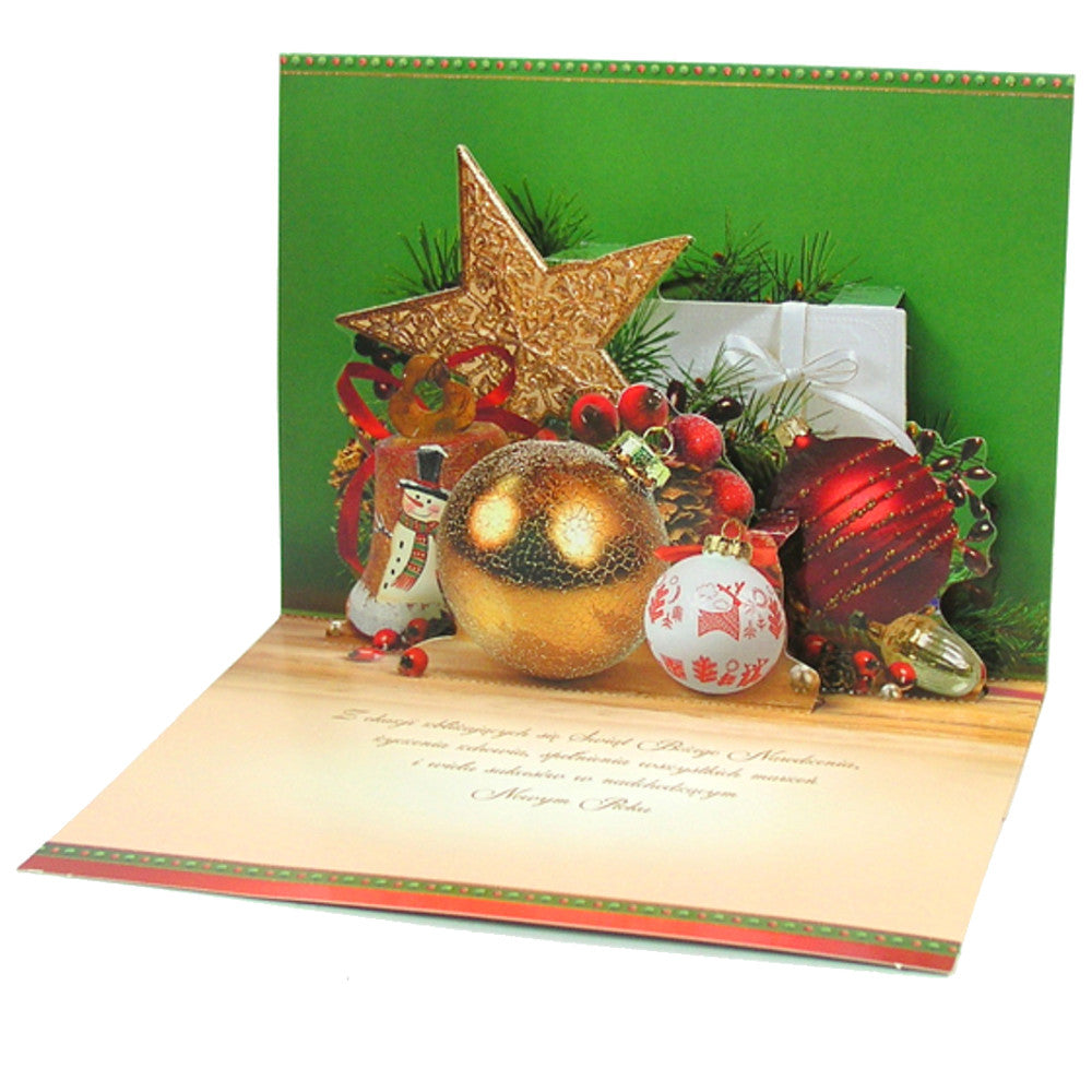 Large Traditional 3D Pop-Up Polish Christmas Greeting Card with Christmas Ornaments