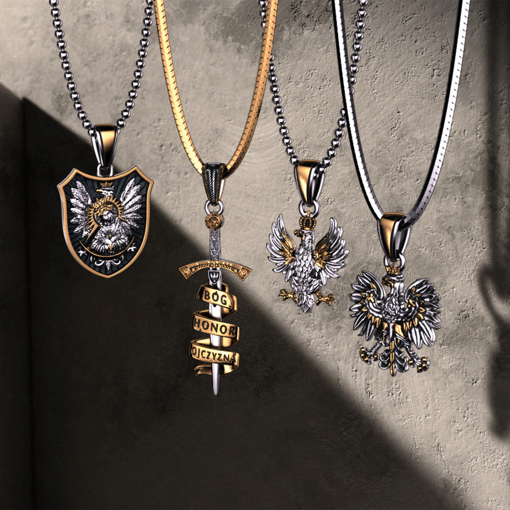 Polish Eagle Shield & Our Lady of the Gate of Dawn Silver Pendant with Gold Plating