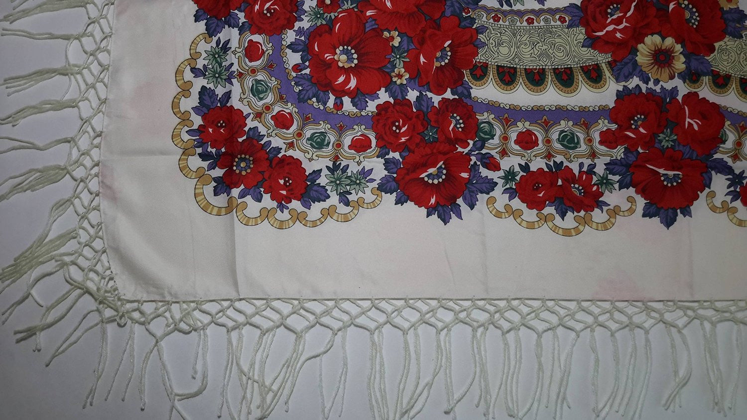 Traditional Polish Ukrainian Folk Shawl with Fringes - Creamy White - Taste of Poland
 - 3