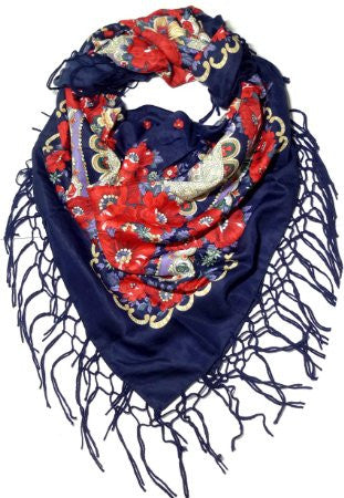 Traditional Polish Ukrainian Folk Shawl with Fringes - Navy - Taste of Poland
 - 1