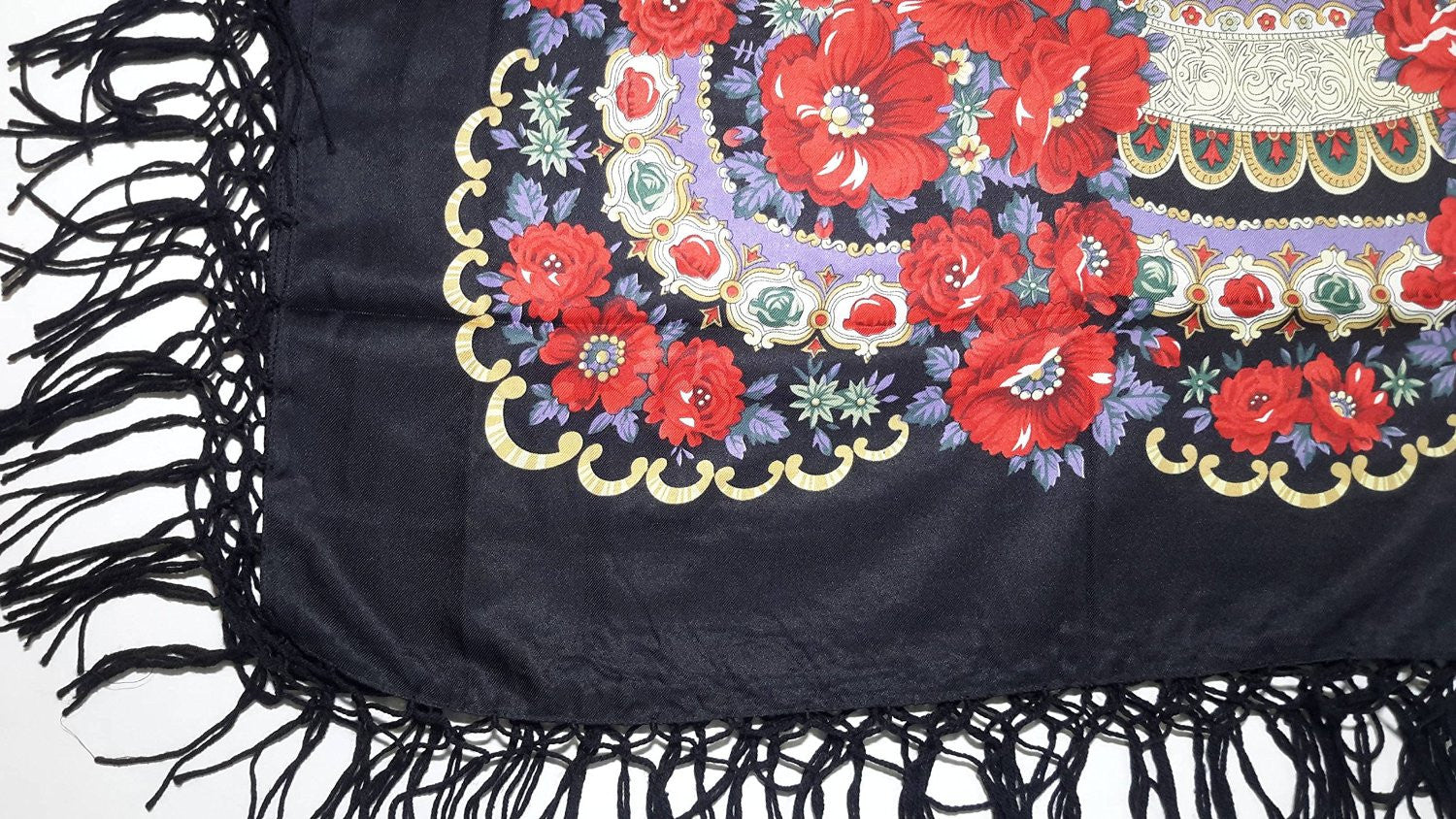 Traditional Polish Ukrainian Folk Shawl with Fringes - Black - Taste of Poland
 - 3