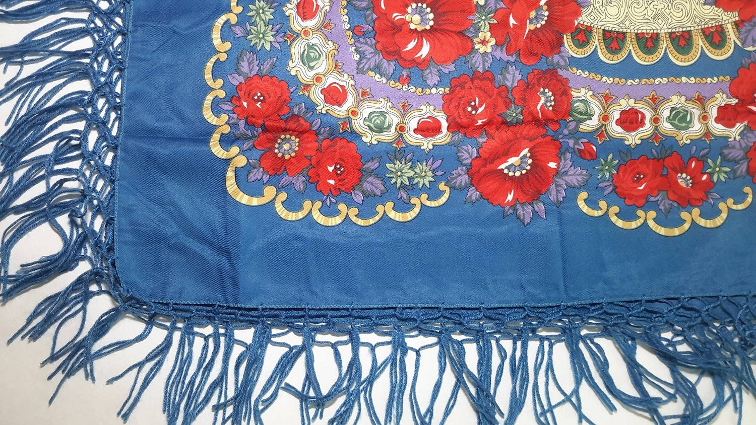 Traditional Polish Ukrainian Folk Shawl with Fringes - Blue - Taste of Poland
 - 3