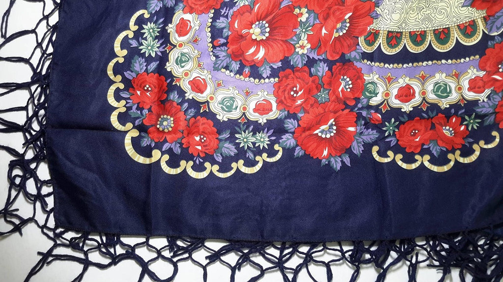 Traditional Polish Ukrainian Folk Shawl with Fringes - Navy - Taste of Poland
 - 3