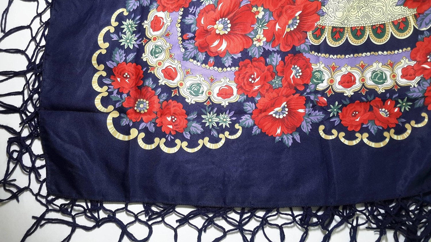 Traditional Polish Ukrainian Folk Shawl with Fringes - Navy - Taste of Poland
 - 3