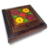 Polish Floral Wooden Jewelry Box with Mirror, Brass Inlays and Compartments, 8.5"x 8.5"