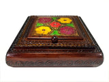 Polish Floral Wooden Jewelry Box with Mirror, Brass Inlays and Compartments, 8.5"x 8.5"