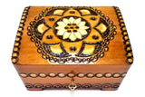 Polish Folk Floral Rosette Wooden Box with Brass Inlays and Key, 7"x 5.5"