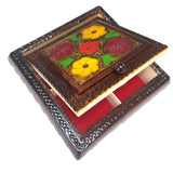 Polish Floral Wooden Jewelry Box with Mirror, Brass Inlays and Compartments, 8.5"x 8.5"