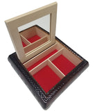 Polish Floral Wooden Jewelry Box with Mirror, Brass Inlays and Compartments, 8.5"x 8.5"