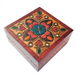 Polish Square Wooden Box with Intricate Pattern, 4.75"x 4.75" (Brown Clover and Hearts)