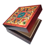 Polish Square Wooden Box with Intricate Pattern, 4.75"x 4.75" (Brown Clover and Hearts)