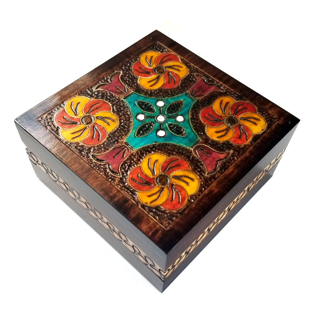 Polish Square Wooden Box with Intricate Pattern, 4.75"x 4.75" (Brown Floral Cross)