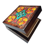 Polish Square Wooden Box with Intricate Pattern, 4.75"x 4.75" (Brown Floral Cross)