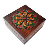 Polish Square Wooden Box with Intricate Pattern, 4.75"x 4.75" (Brown Flower and Hearts)