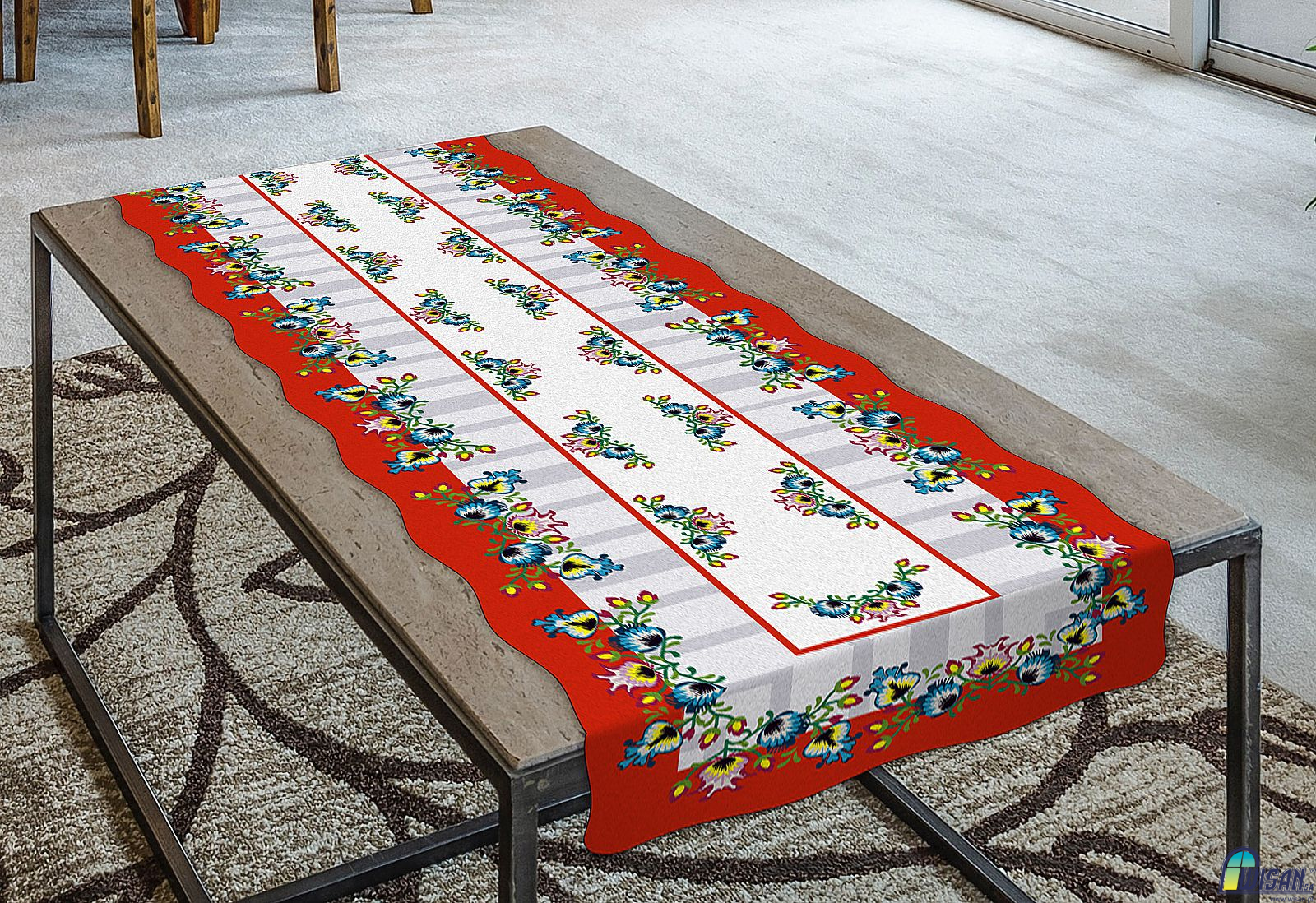 Polish Red Folk Art Table Runner Linen Topper 59" x 15.75"
