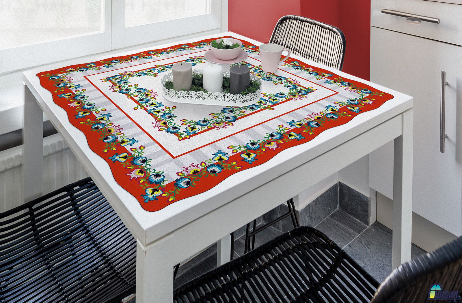 Polish Red Folk Art Table Square Linen Topper 30" x 30"