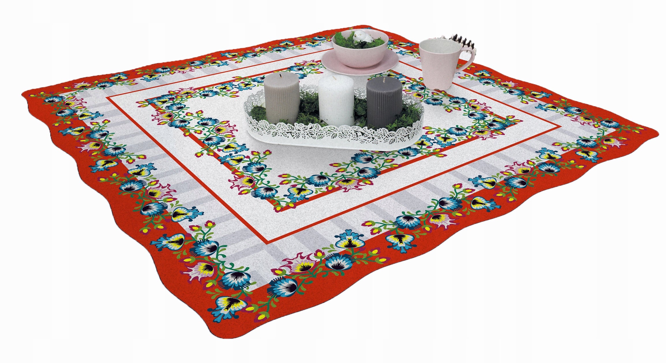 Polish Red Folk Art Table Square Linen Topper 30" x 30"