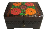 Polish Folk Floral Wooden Box with Brass Inlays and Key, 7"x 5.5"