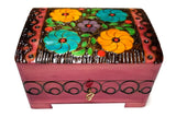 Polish Folk Floral Wooden Box with Brass Inlays and Key, 7"x 5.5"