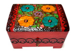 Polish Folk Floral Wooden Box with Brass Inlays and Key, 7"x 5.5"