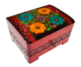 Polish Folk Floral Wooden Box with Brass Inlays and Key, 7"x 5.5"