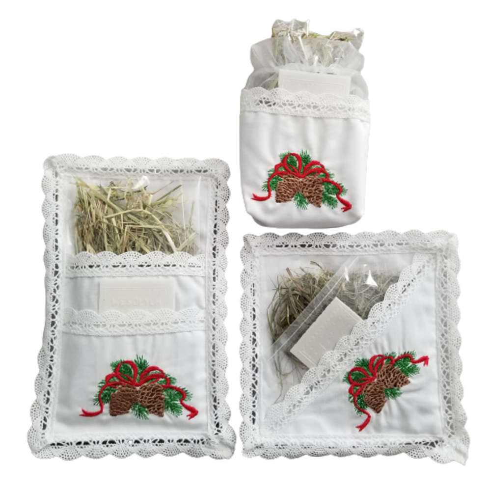 Traditional Polish Lace Pouch Holder with Christmas Wafer & Hay Set, Cone Embroidery