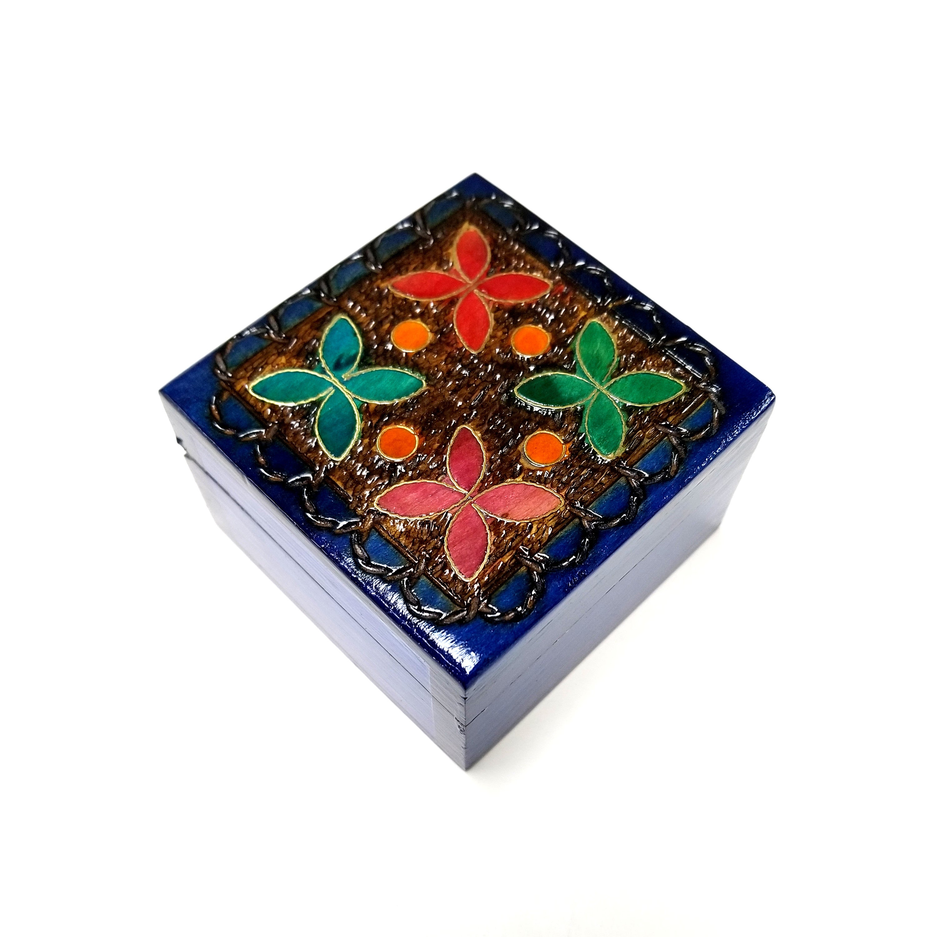 Polish Folk Floral Colorful Wooden Box with Brass Inlays, 3"x3"