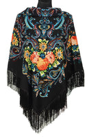 Traditional Polish Folk Shawl with Fringes - Exclusive Russian Collection - Black