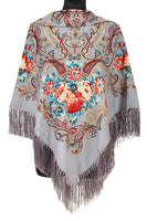 Traditional Polish Folk Shawl with Fringes - Exclusive Russian Collection - Grey