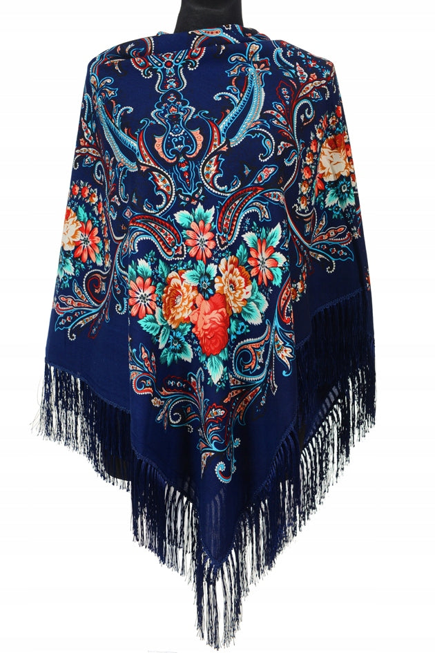 Traditional Polish Folk Shawl with Fringes - Exclusive Russian Collection - Navy