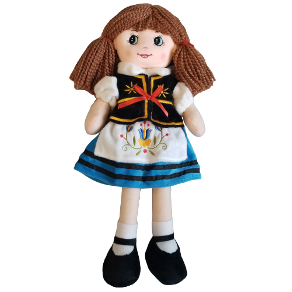 Large 16" Soft Plush Polish Folk Doll in Kashubian Costume, Brunette in Blue Skirt