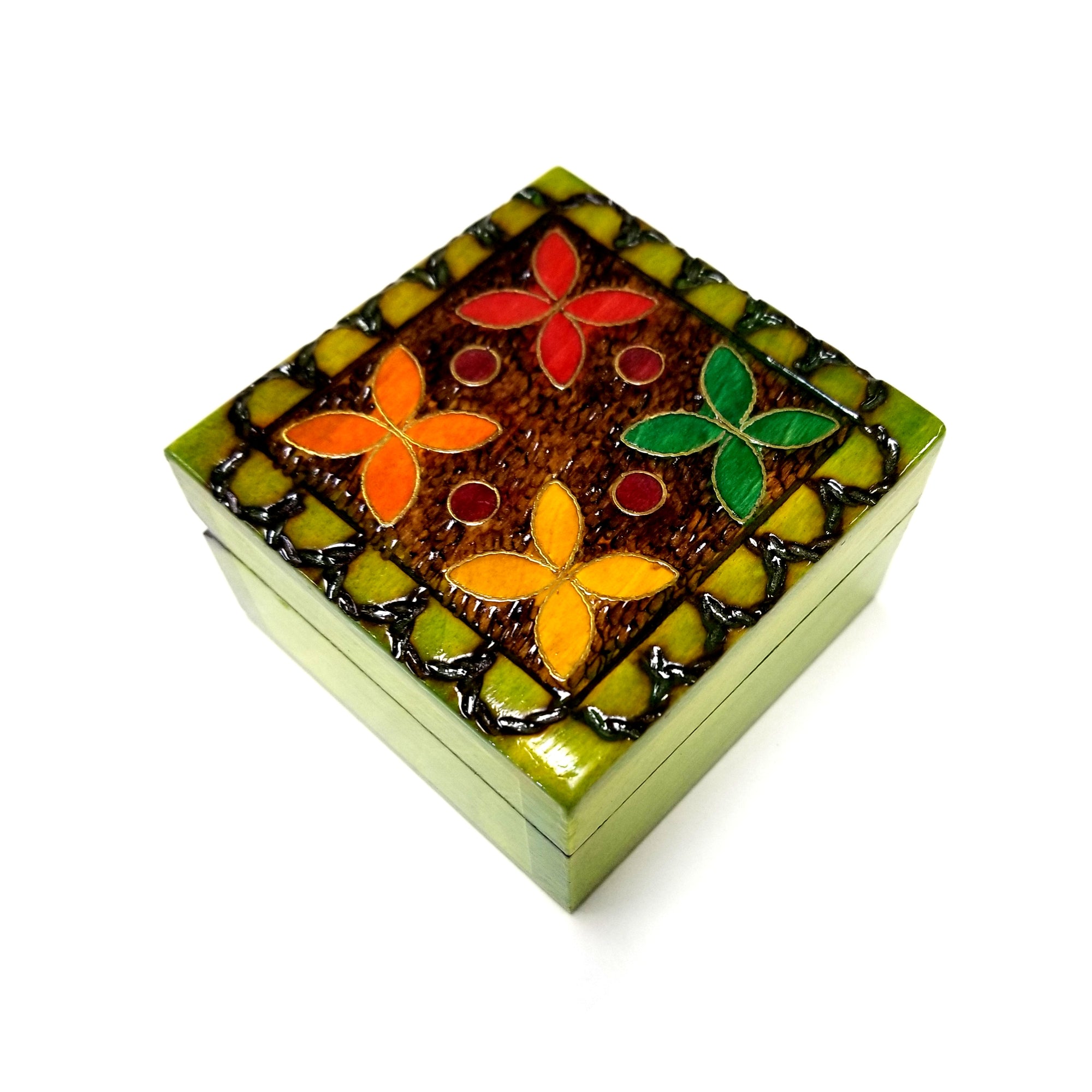 Polish Folk Floral Colorful Wooden Box with Brass Inlays, 3"x3"