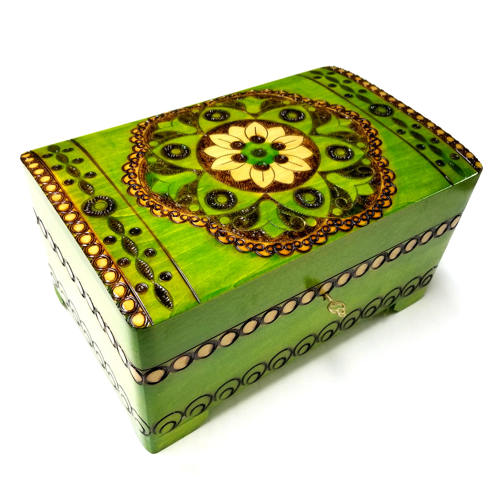 XXL Polish Folk Floral Wooden Box with Brass Inlays, Compartments and Key, 10.5"x 6.75"