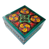Polish Square Wooden Box with Intricate Pattern, 4.75"x 4.75" (Green Floral Cross)