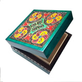 Polish Square Wooden Box with Intricate Pattern, 4.75"x 4.75" (Green Floral Cross)
